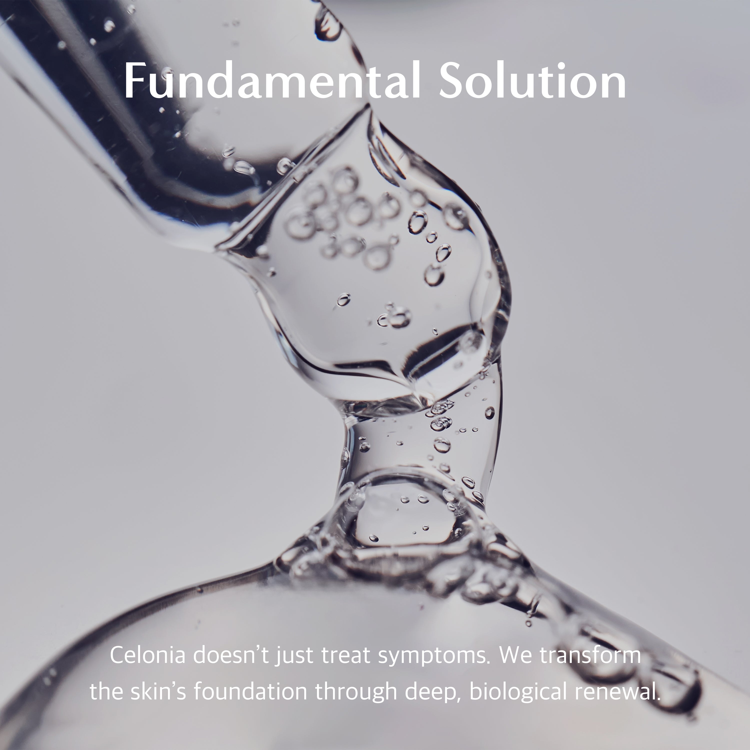 Glass hourglass with liquid being poured, labeled 'Fundamental Solution' and 'Celonia' text.