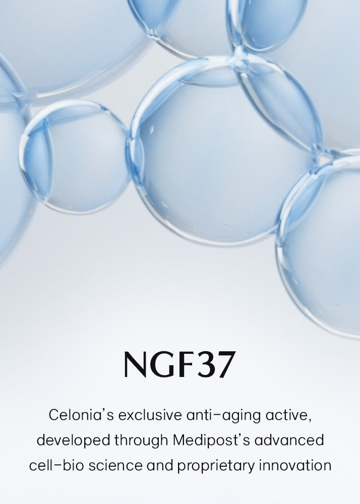 Close-up of blue bubbles with text about NGF37 and Celonia's anti-aging active.