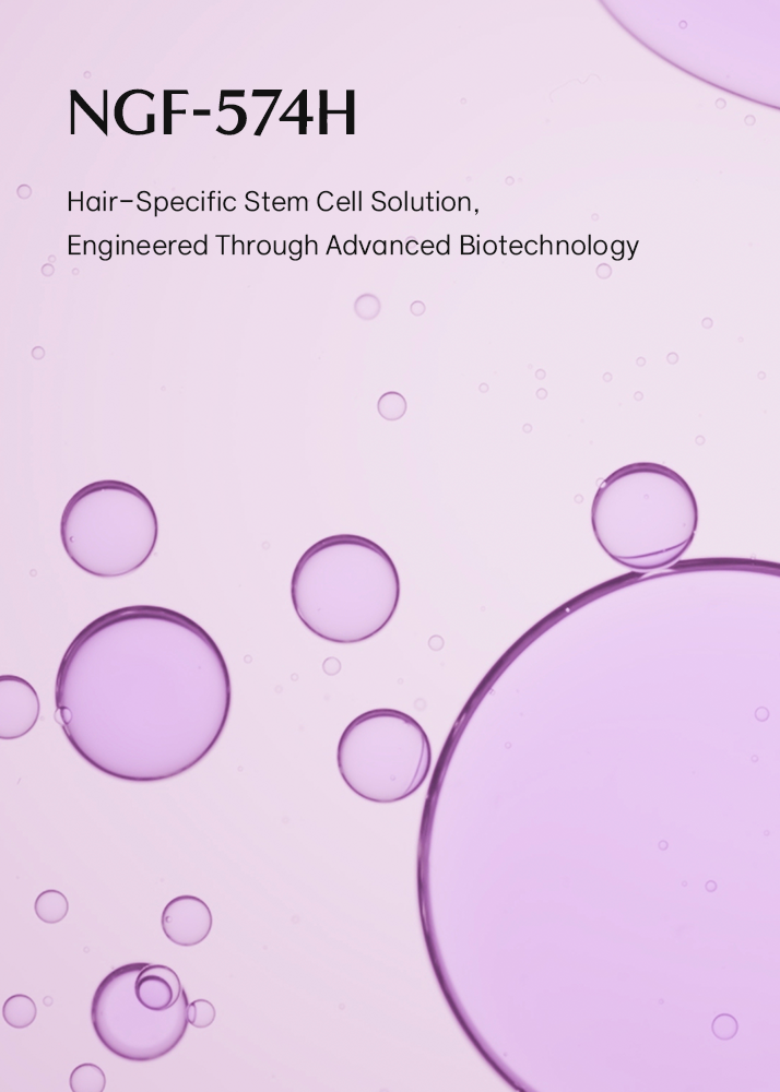 Purple bubbles on a light purple background with text about NGF-574H hair-specific stem cell solution.