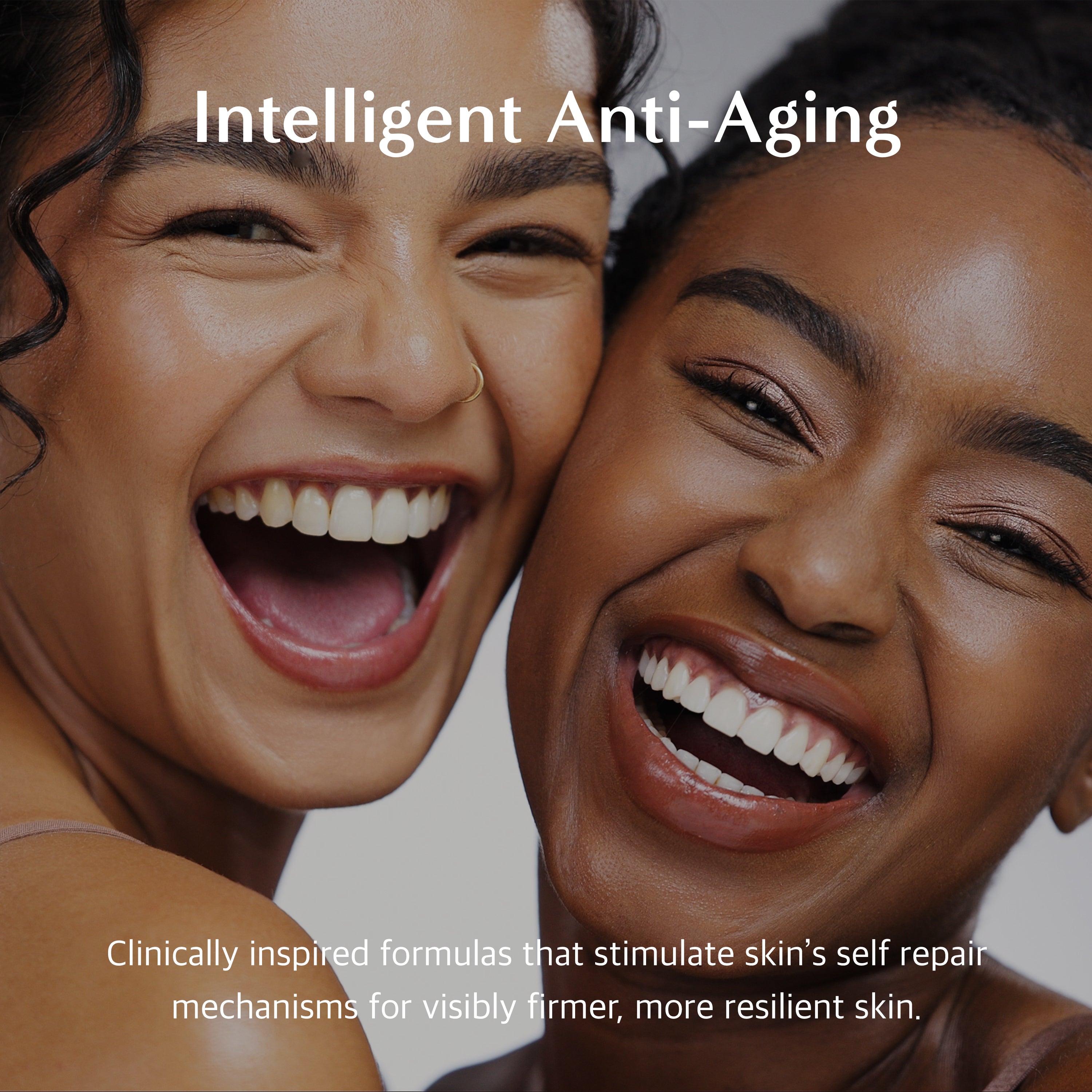 Two women smiling with the text 'Intelligent Anti-Aging' and product description.