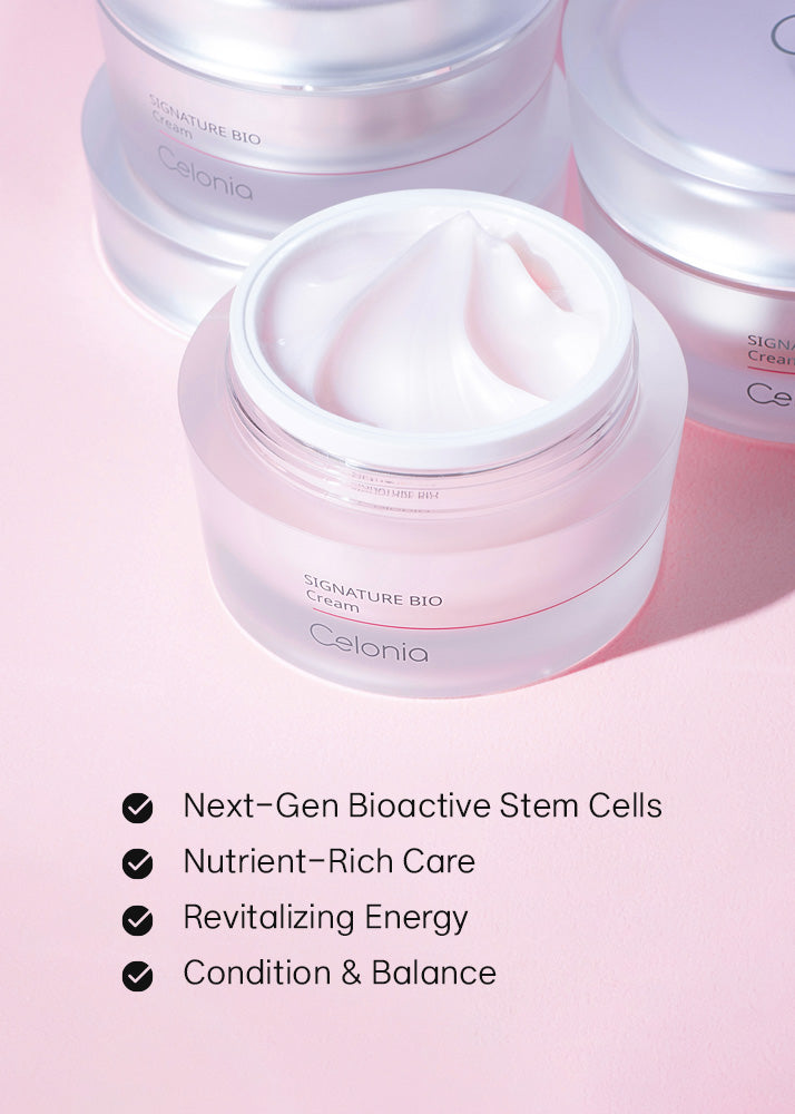 Celanica skincare cream jar with product features on a pink background