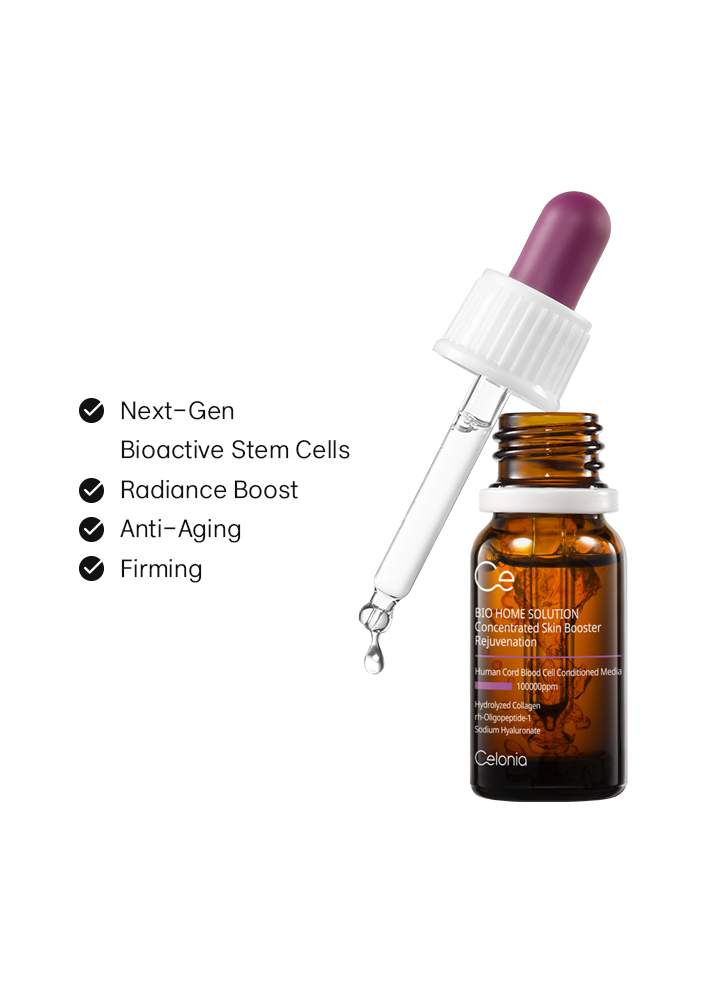 Skincare serum bottle with dropper on a white background, featuring text about product benefits.