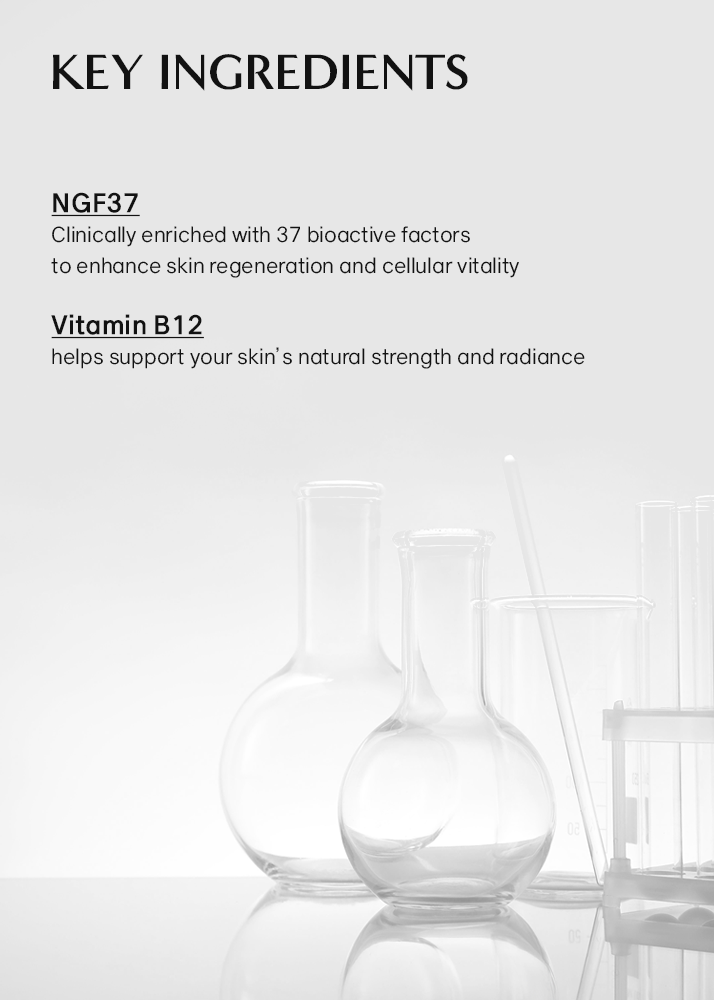 Text about NGF37 and Vitamin B12 with a blurred background of glass vials.