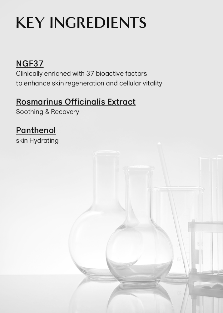 List of key ingredients with NGF37, Rosmarinus Officinalis Extract, and Panthenol on a white background.