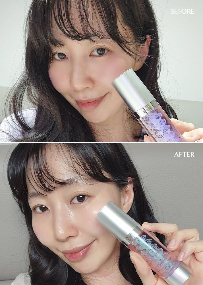 Before and after comparison of a woman using a skincare product.