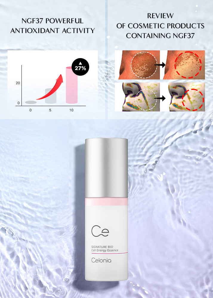 Cosmetic serum bottle with NGF37 antioxidant activity and product review on a textured light blue background