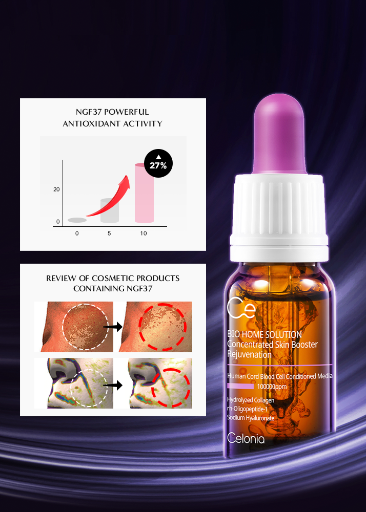 Cosmetic serum bottle with dropper and NG37 graphic on a dark background