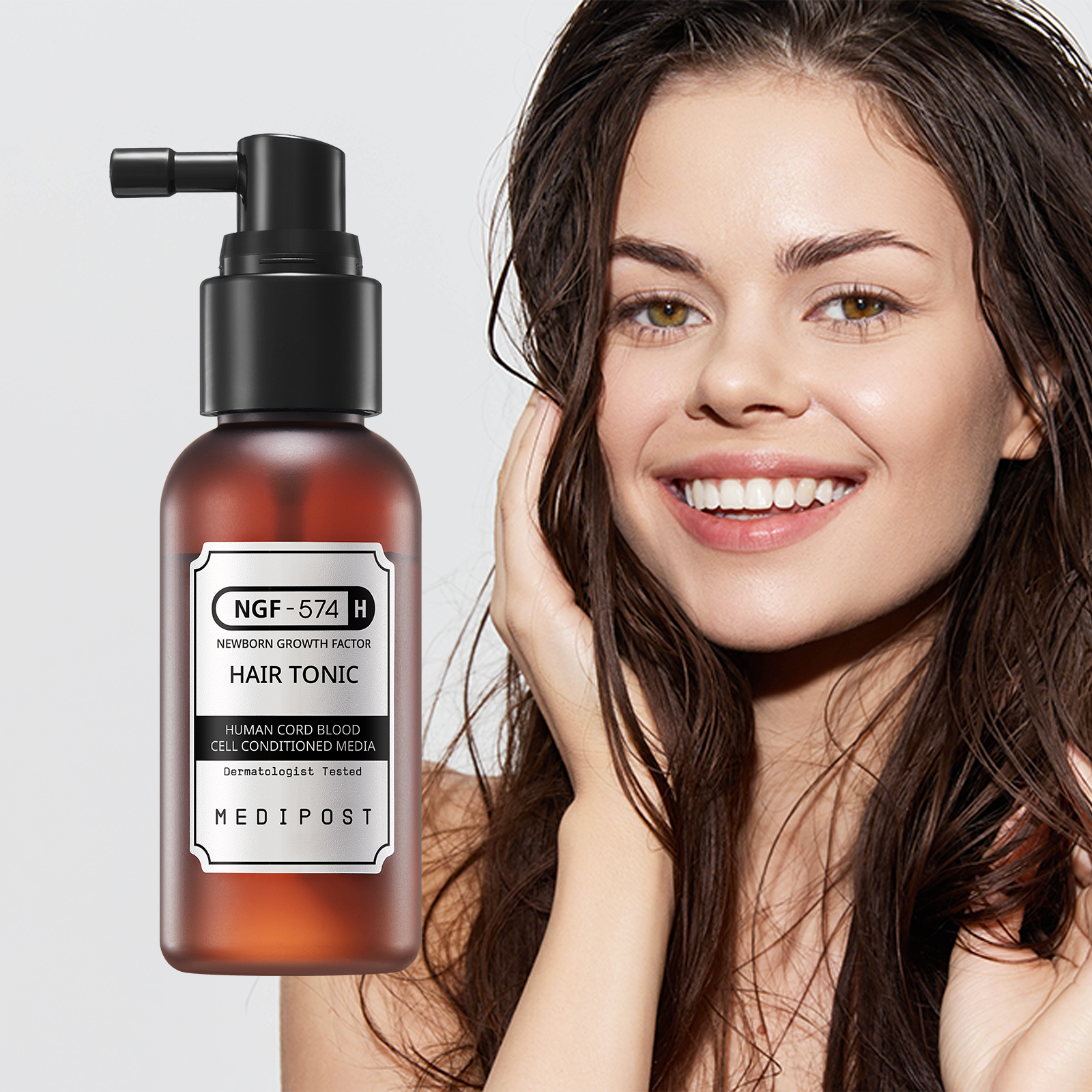 Smiling woman with Celonia 574H Hair Tonic bottle
