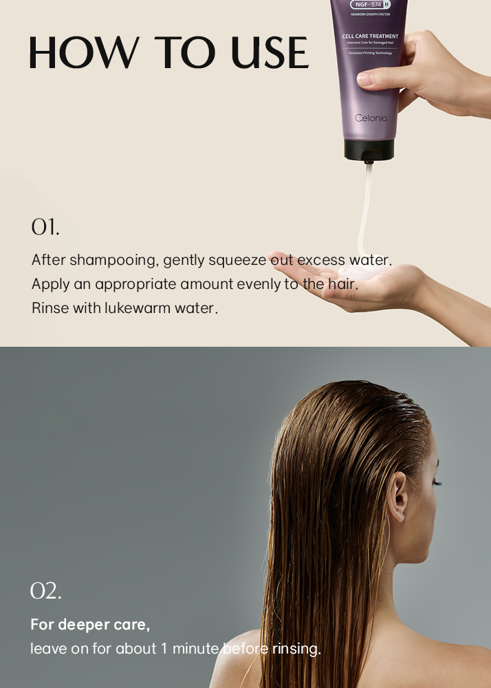 Instructions on how to use a hair care product with a person applying it to their hair.