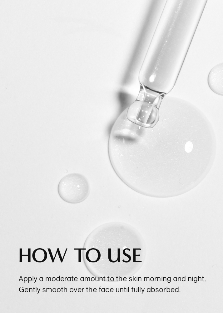 Skincare product with dropper and text on a white background