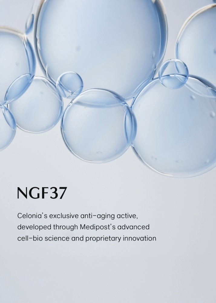 Blue bubbles on a light gray background with text about NGF37 and Celonia's anti-aging active.