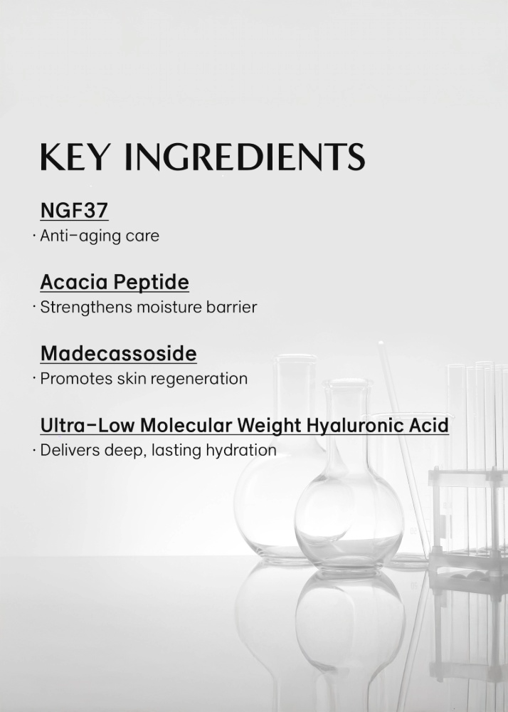 List of key ingredients for skincare product with decorative vases in the background