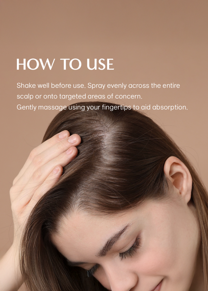 Woman applying hair tonic to scalp with usage directions