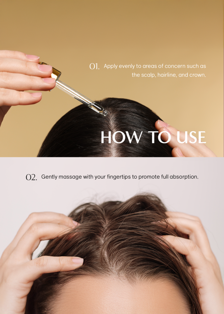 How to apply Hair Booster dropper on scalp, step 1 image. How to gently massage Hair Booster into scalp, step 2 image