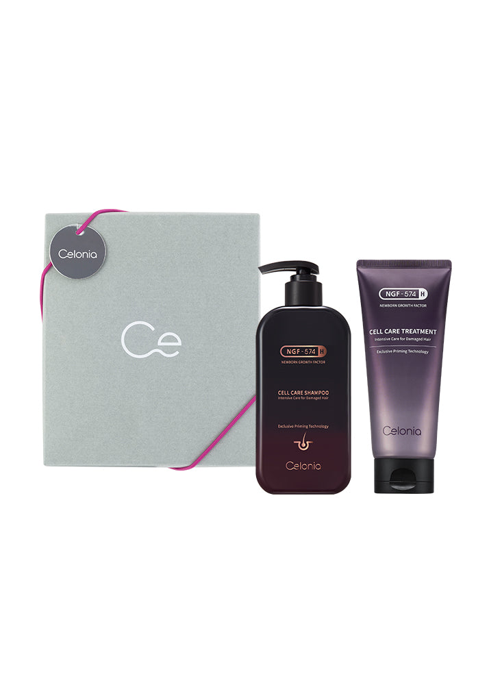 Celona hair care product set with shampoo, conditioner, and packaging on a white background