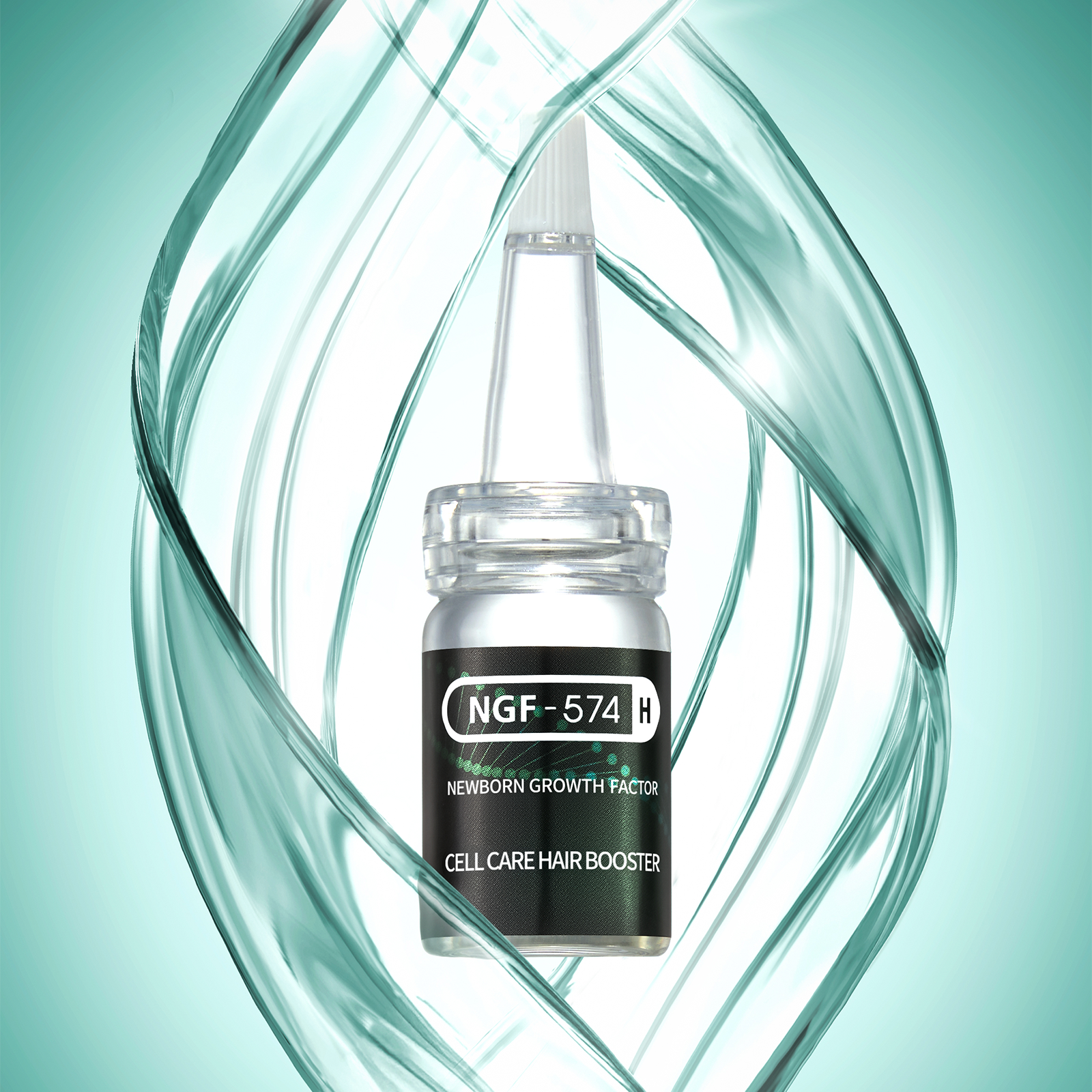 Celonia NGF-574H Hair Booster bottle with DNA helix background