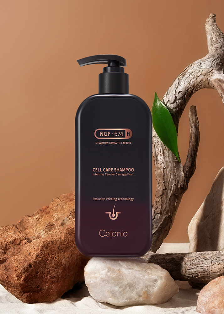Shampoo bottle with 'Celania' branding on a natural background