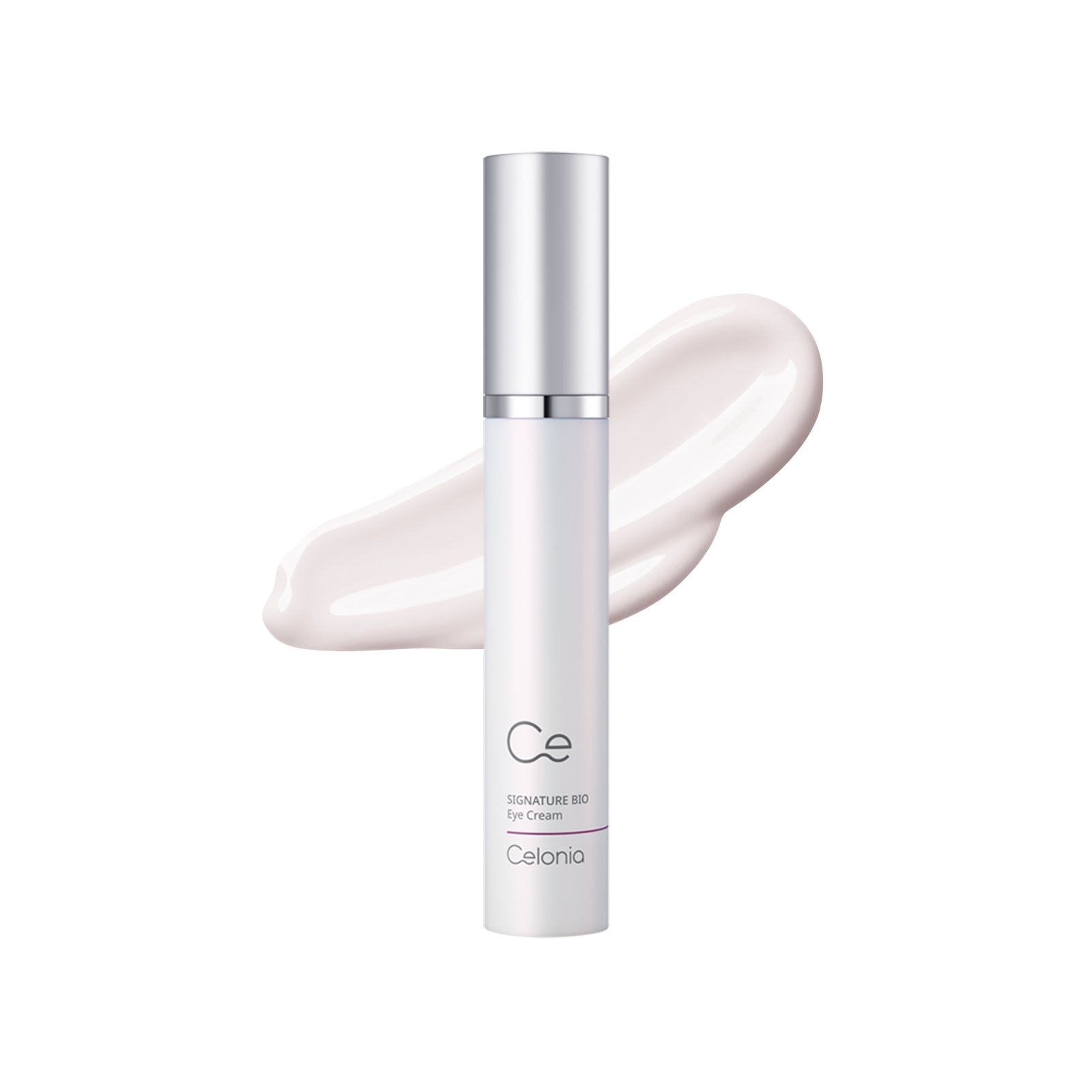 Skincare bottle with a white cream swatch on a white background