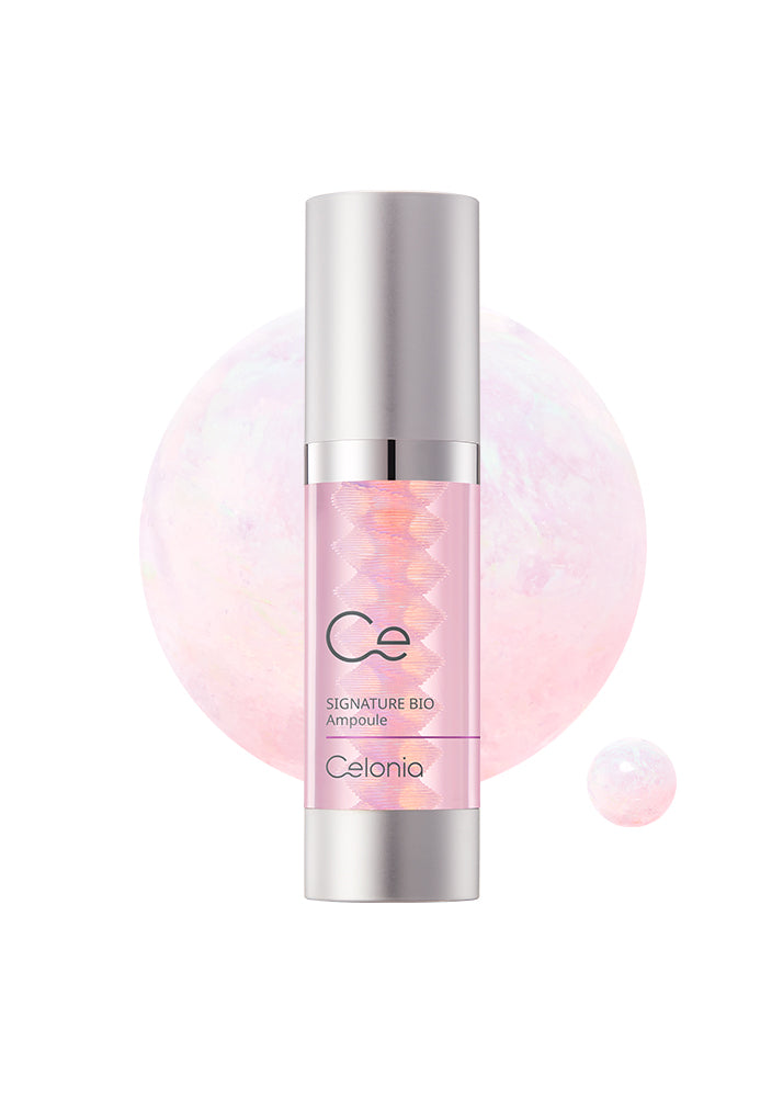 Skincare serum bottle with pink gradient and 'Ce' branding on a white background