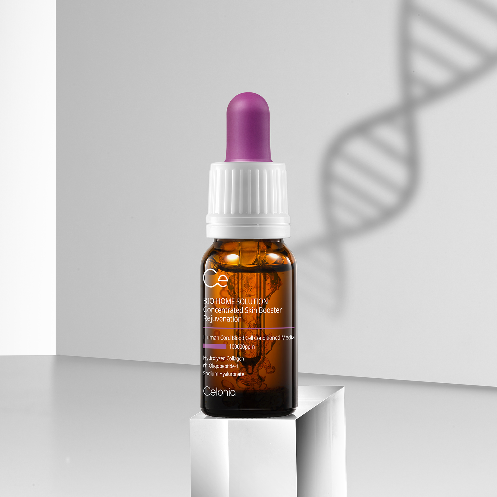 Celonia Signature Bio Skin Booster serum bottle with dropper on display stand.