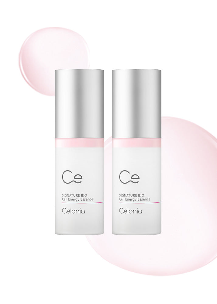 Two Celonia skincare bottles with a pink background