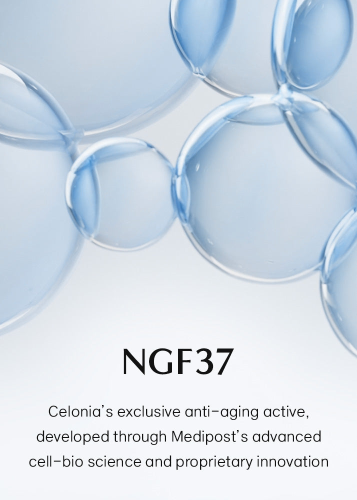 Close-up of blue bubbles with 'NGF37' text and product description on a light gray background