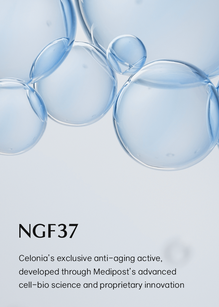 Close-up of blue bubbles with text about NGF37 and Medipost's advanced cell-bio science.