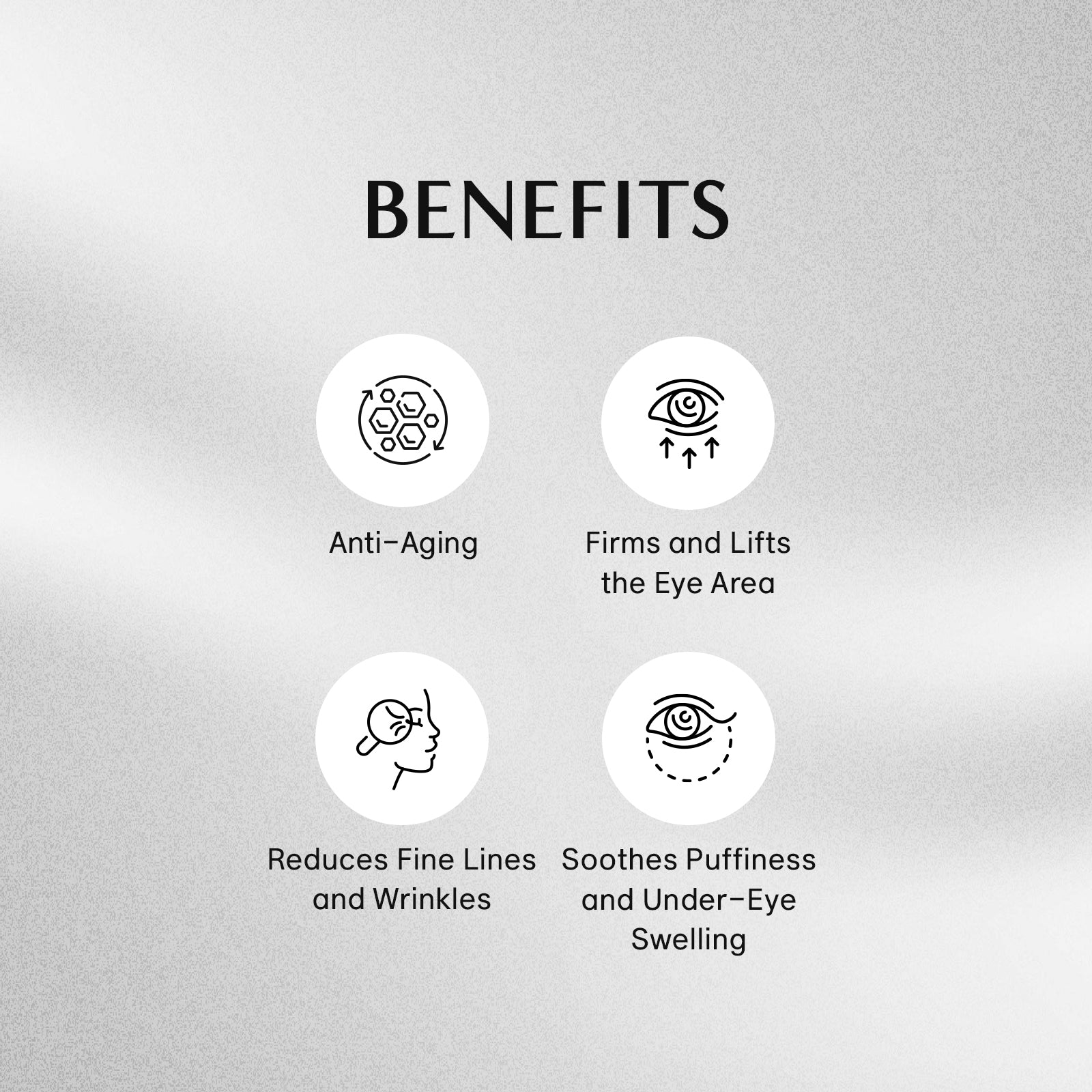 List of benefits for eye cream on a gray background