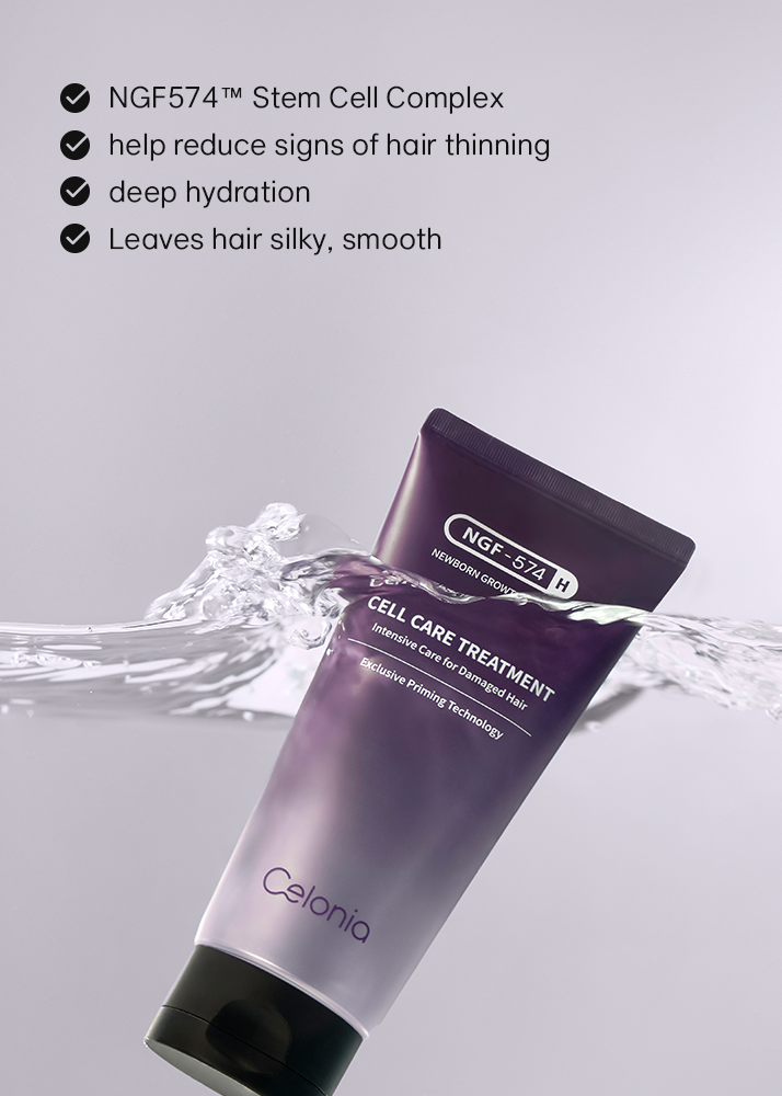 Purple hair care treatment tube with water splash on a gray background