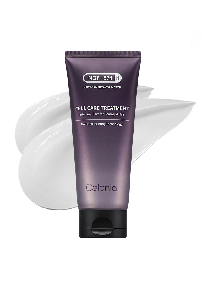 Purple hair care treatment tube with white text on a white background