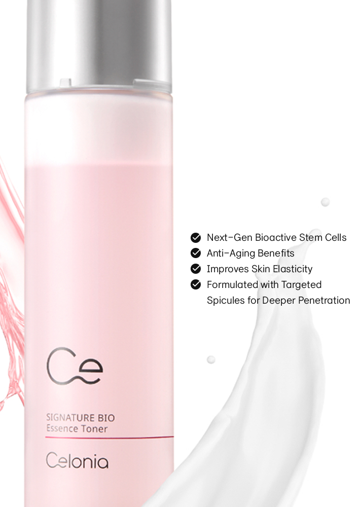 Pink skincare bottle with silver cap on a white background, featuring Celania brand.