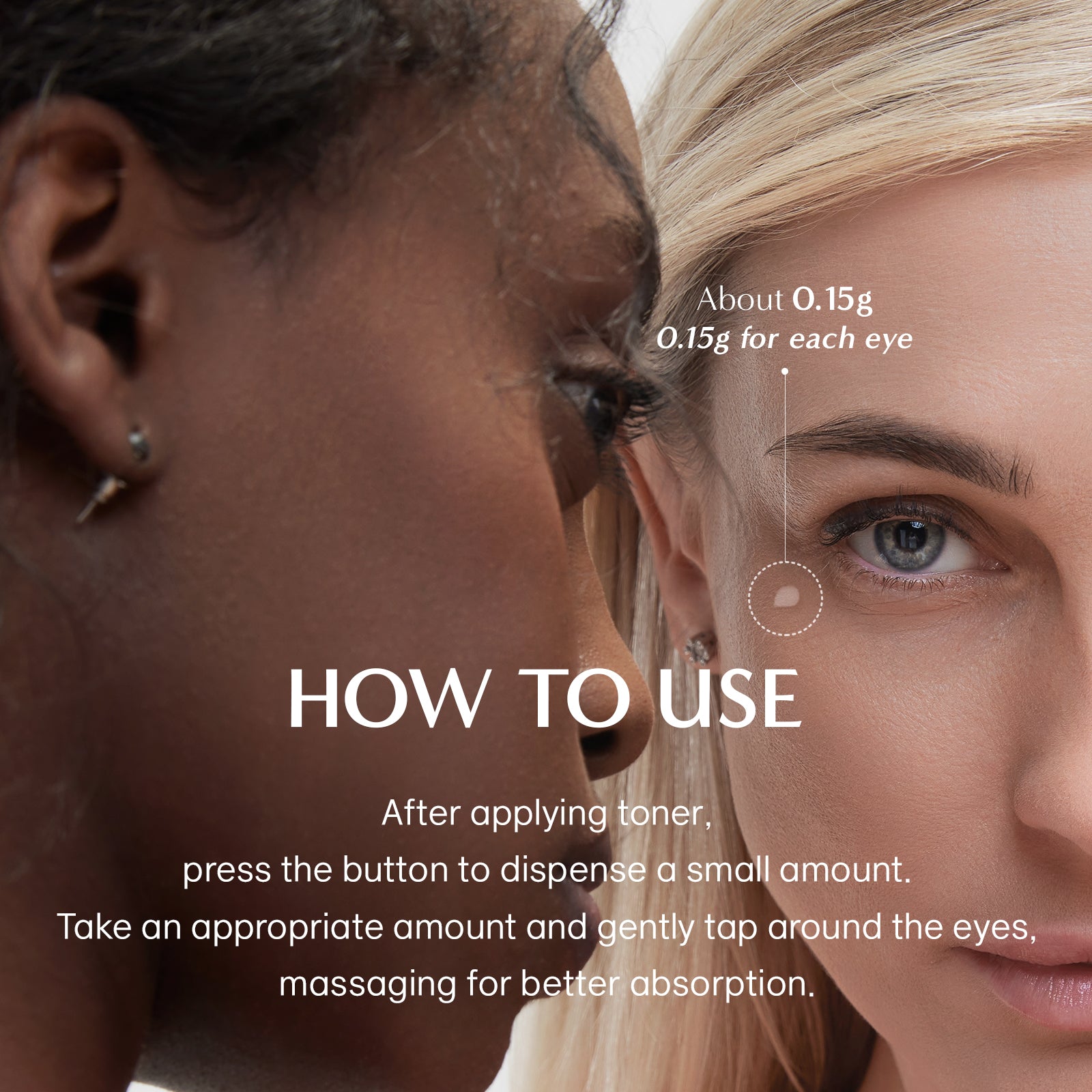 Close-up of two women's faces with text on how to use a product, showing close-up of eye area.