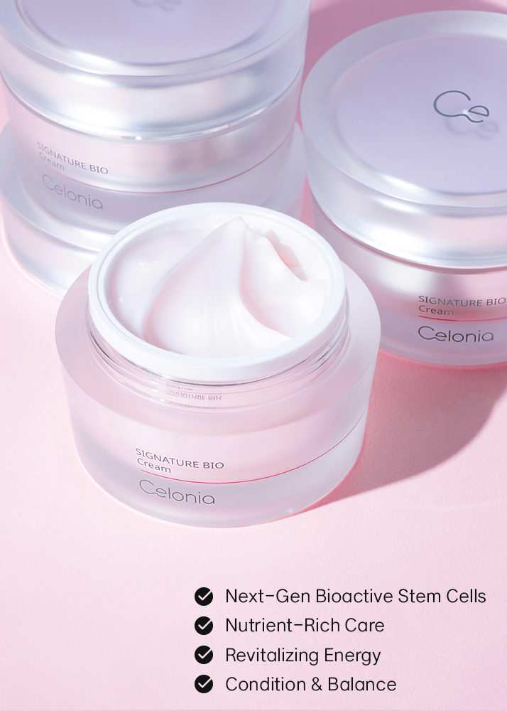 Celonia skincare product with text highlighting features on a pink background