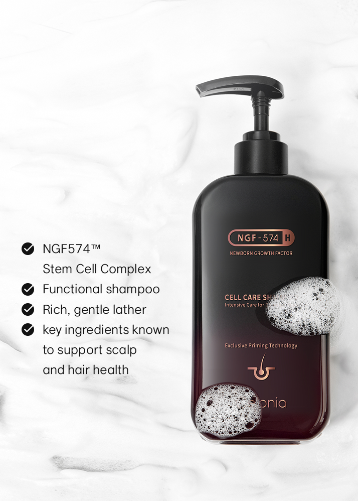 Shampoo bottle with text highlighting features on a white background