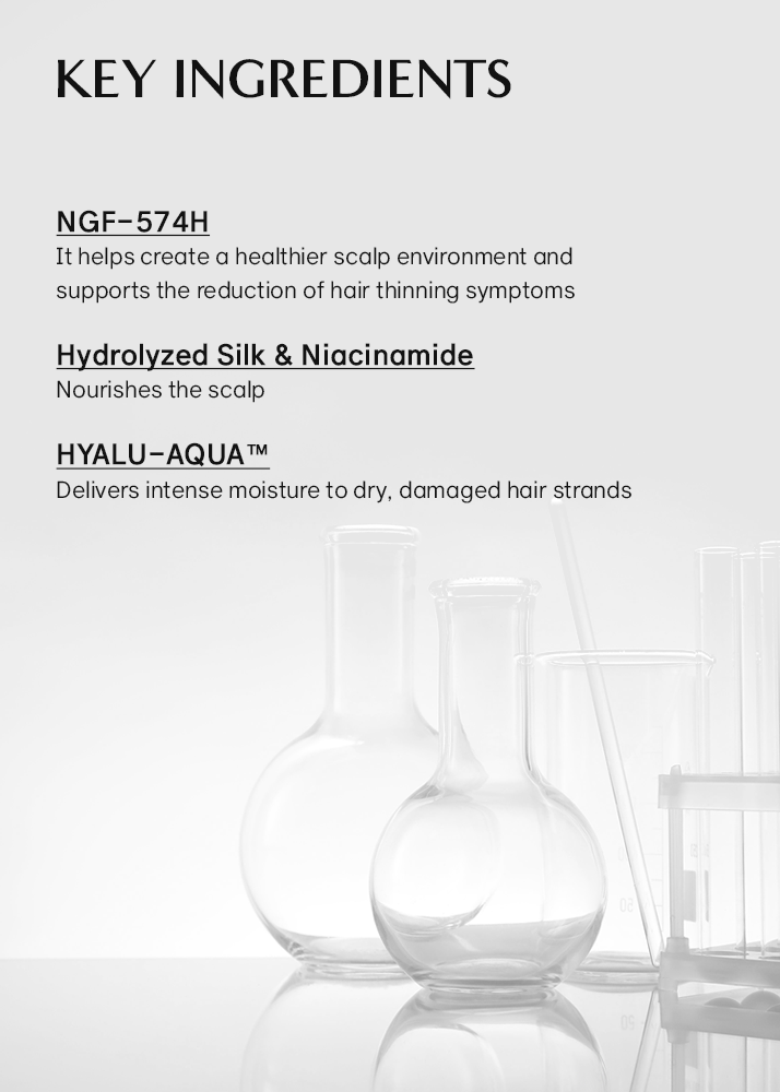 Product ingredients list with NGF-574H, Hydrolyzed Silk & Niacinamide, and HYALU-AQUA on a white background.