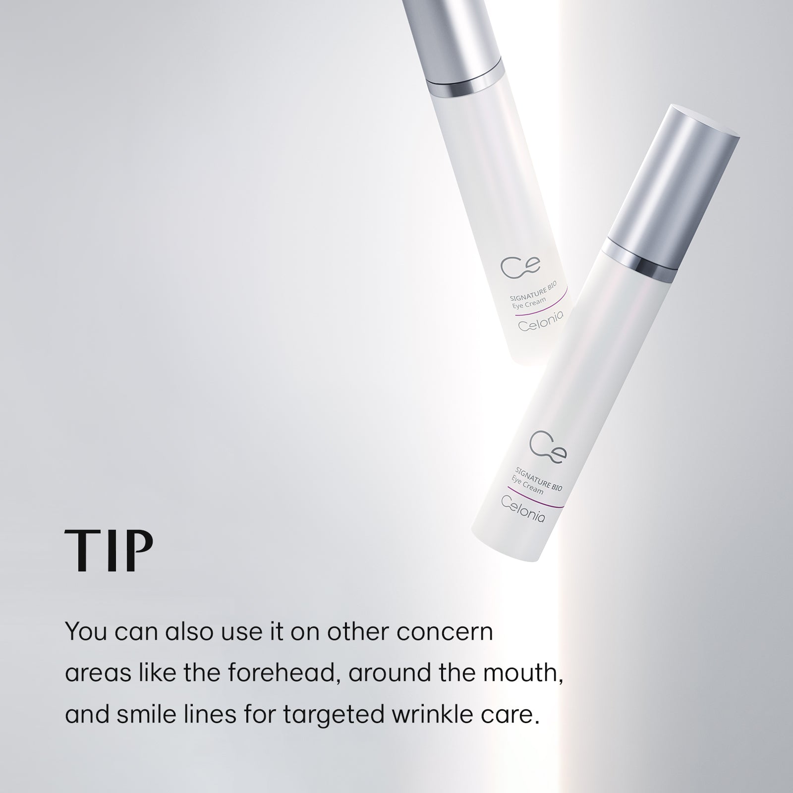 Two skincare bottles with a tip about targeted wrinkle care on a light gray background
