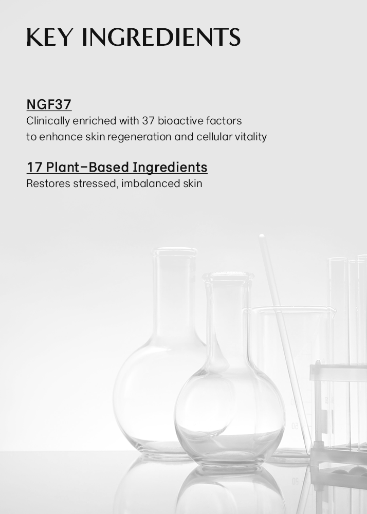 Text detailing key ingredients of a skincare product with glass bottles in the background.