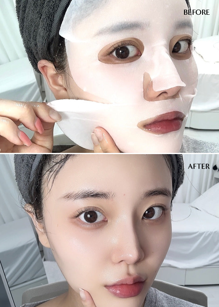 Before and after comparison of a woman applying a face mask, showing a clear improvement in skin texture.