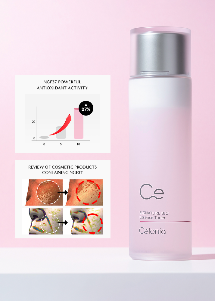 Cosmetic product with NG37 antioxidant activity on a pink background