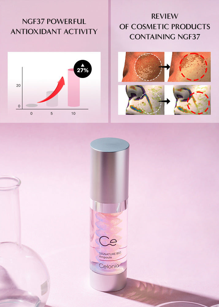 Ce serum bottle with NGF37 antioxidant activity and cosmetic product review on a pink background
