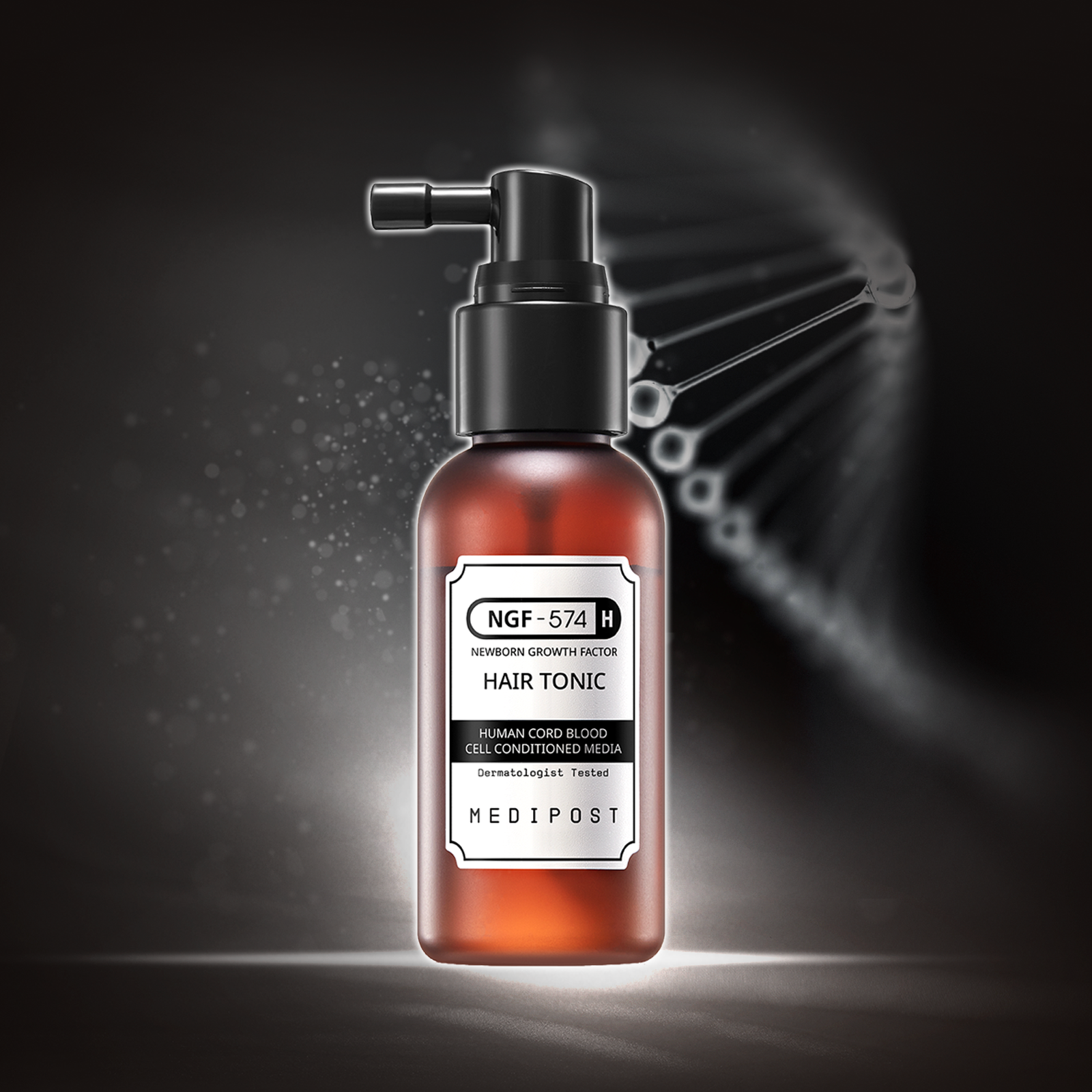 Hair tonic bottle with DNA spiral and black glowing background