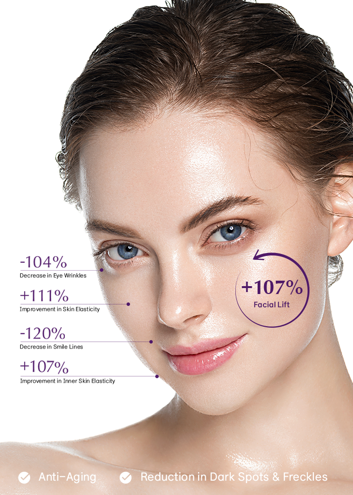 Woman's face with anti-aging product claims on a white background