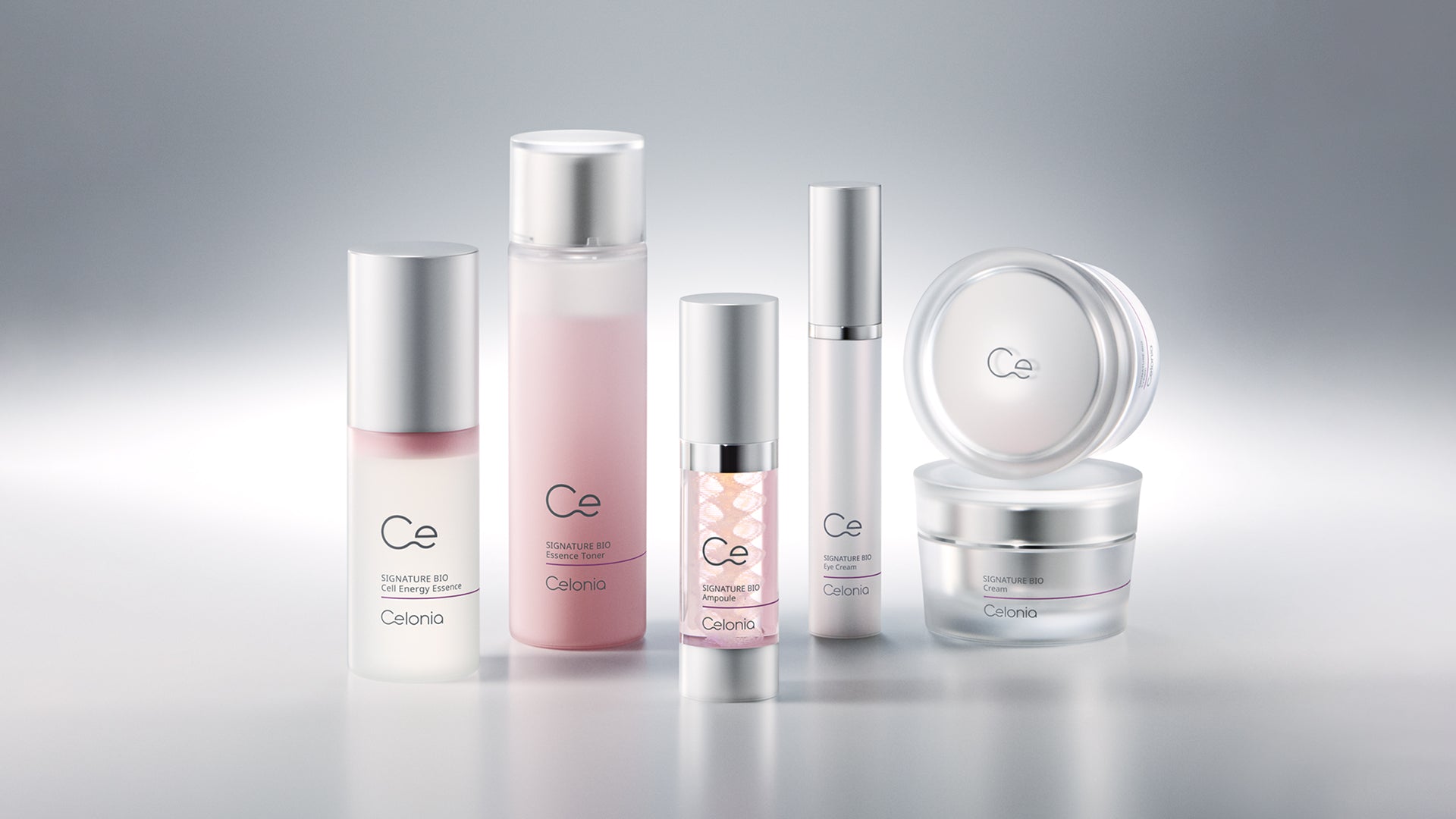 Collection of skincare products with 'Ce' branding on a gradient background