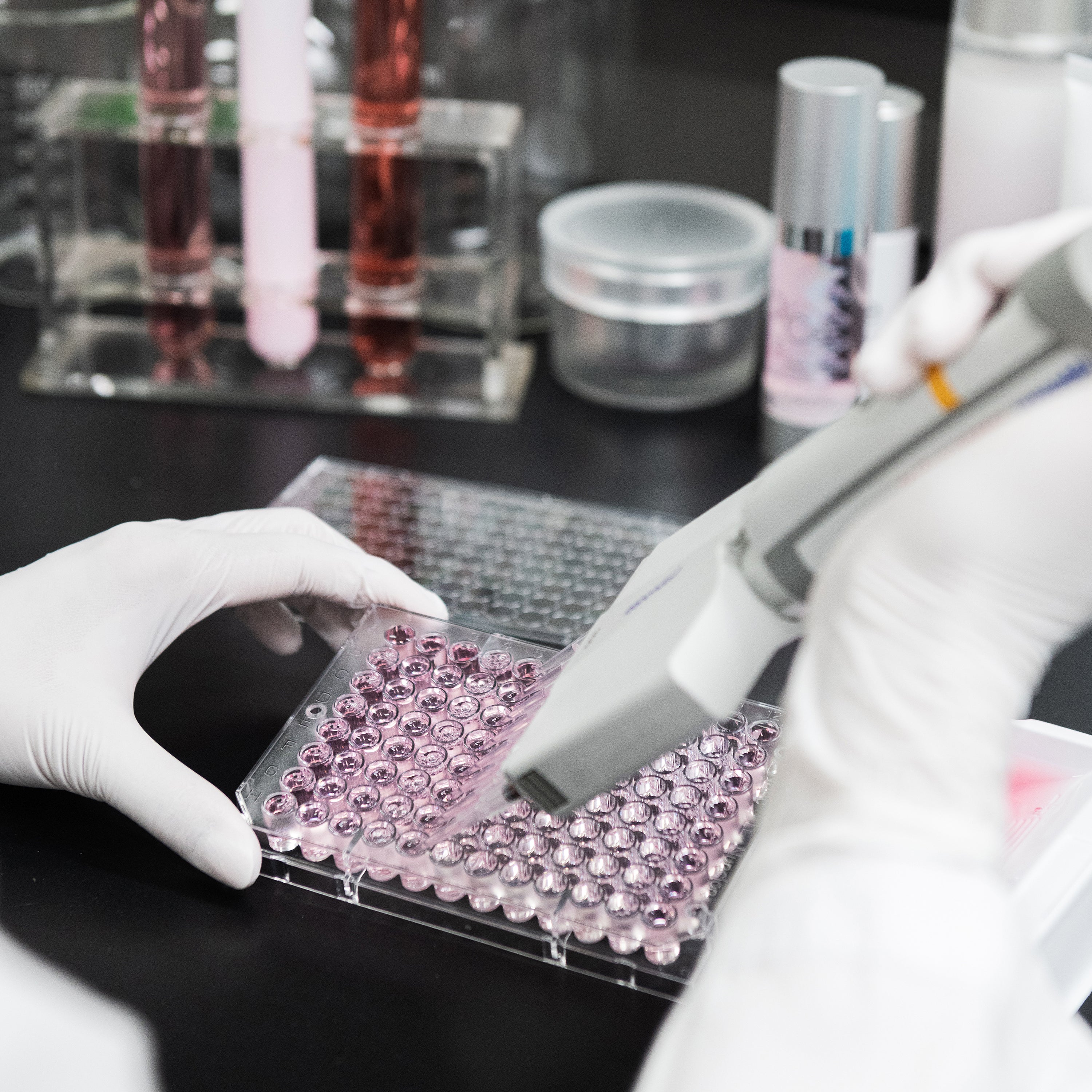 Person in a lab setting with gloves holding a tray of small pink objects, likely gemstones or samples.