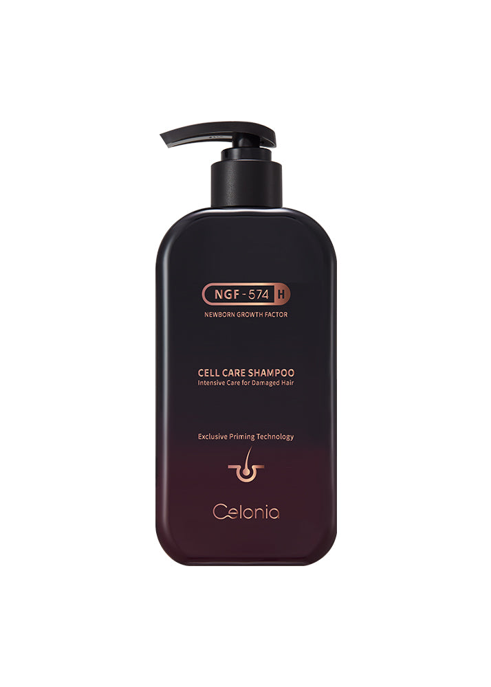Black shampoo bottle with pump labeled 'Celonic' on a white background