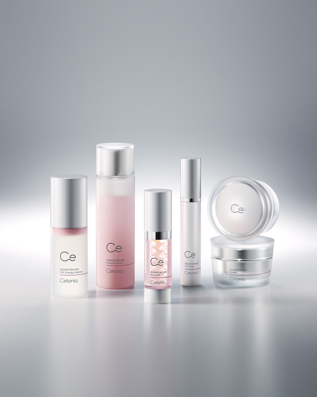 Set of skincare products with 'Ce' branding on a gray background