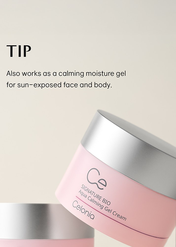 Celonica skincare product with text about calming moisture gel on a light background