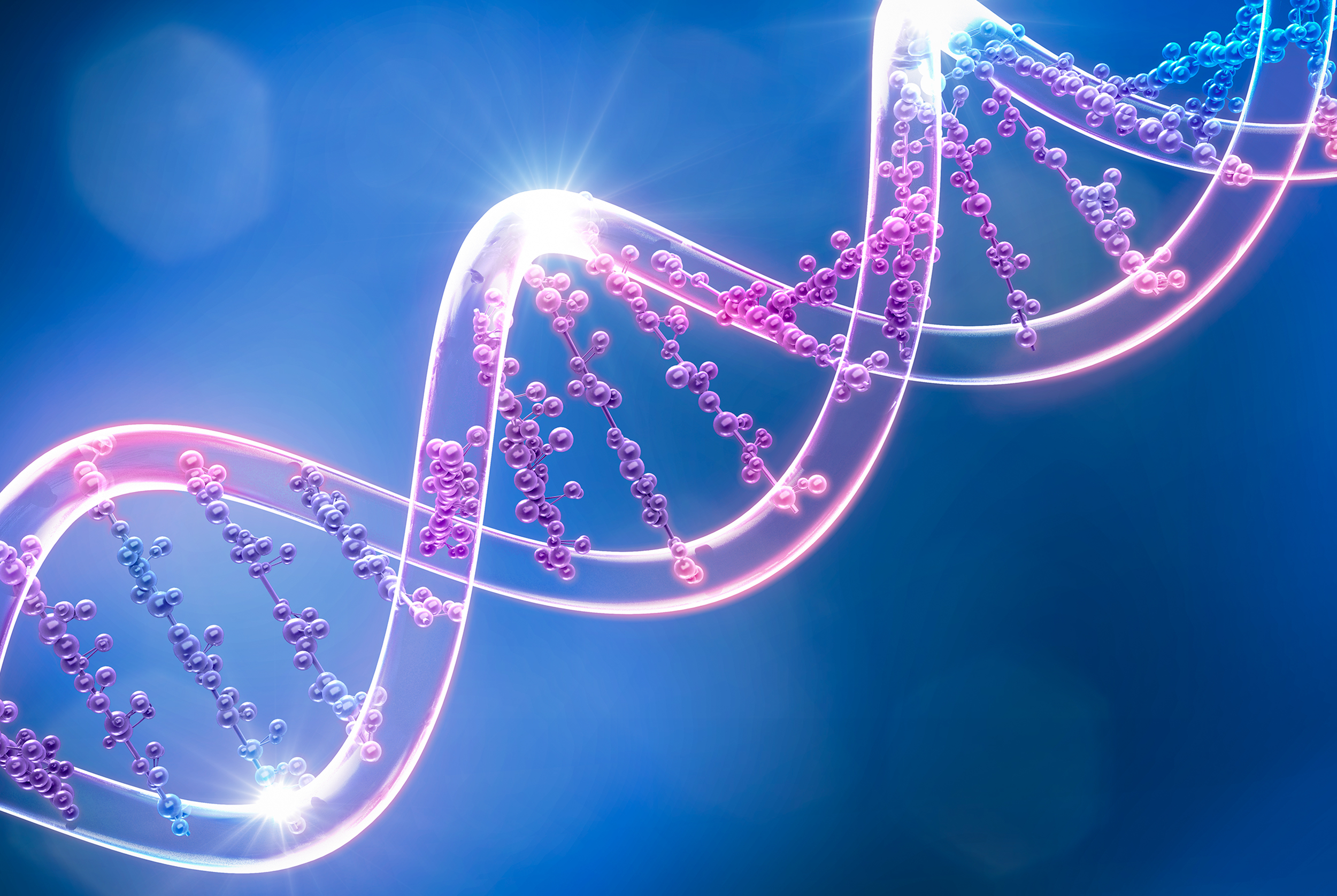 DNA double helix with a blue and pink color scheme on a dark background
