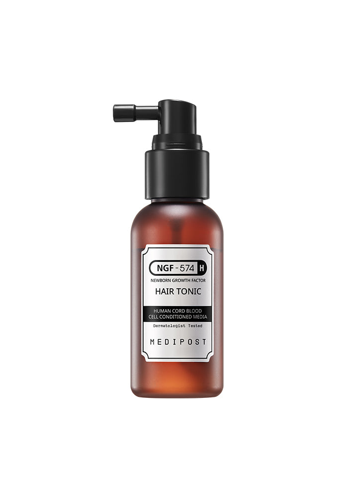 Hair tonic bottle with a label on a white background