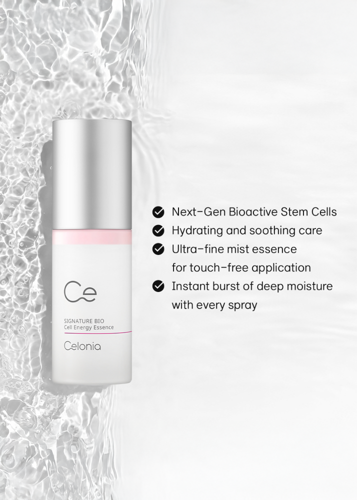Essence bottle with product benefits including bioactive stem cells and hydration
